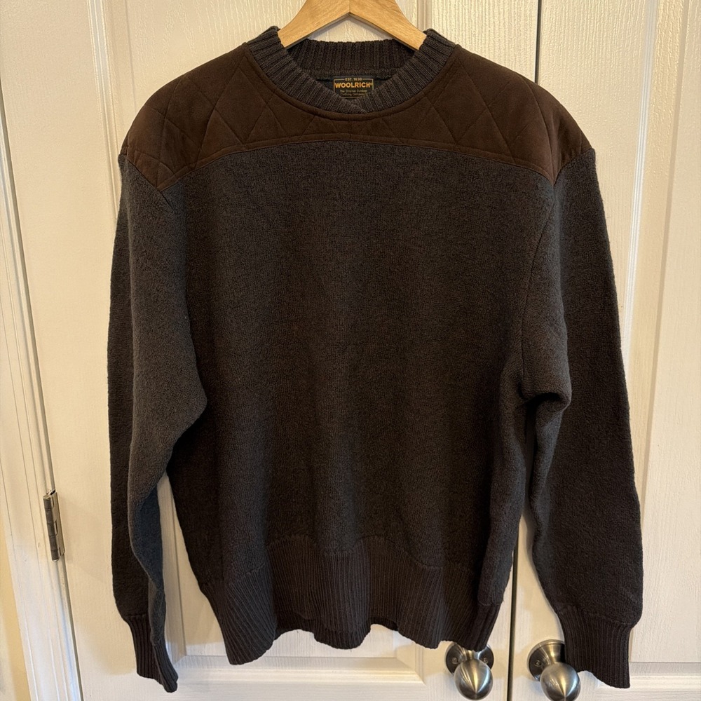Vintage Woolrich 100% Wool Sweater Men's XL Quilted Shoulder Patches Green Brown
